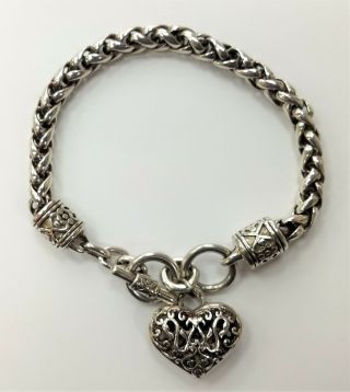 Vintage Sterling Silver Intricate Link Bracelet With Heart Toggle 925
