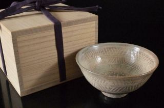 X6641: Japanese Kiyomizu - Ware Flower Sculpture Tea Bowl Green Tea Tool,  W/box