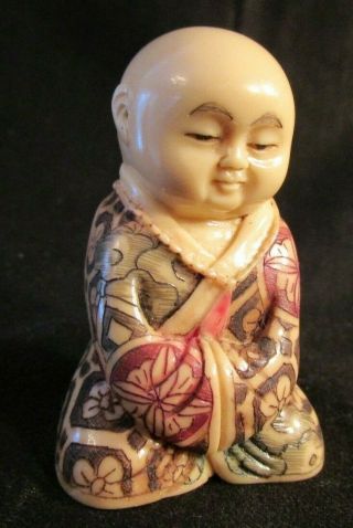 Vintage Netsuke Resin Figure Hand Carved & Painted Signed Meditating Man