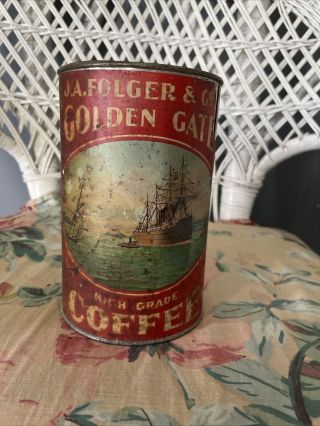 Vintage Folgers Golden Gate Coffee Tin 1 Lb.  Can With Lid - Yellow Lilies On Back
