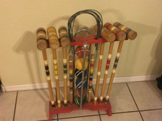 Vintage Wooden Croquet Set W/standing Caddy 6 Player Set