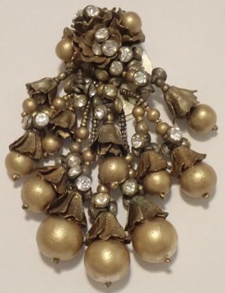Vintage Art Deco Miriam Haskell Gold Gilt Faux Pearl Rhinestone Dress Clip