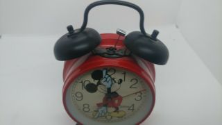 Vintage Disney Mickey Mouse Sunbeam Two Bell Alarm Clock Red & Black 2