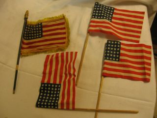 4 Small Cloth Vintage American Flags On Wooden Sticks / Holders 48 Stars