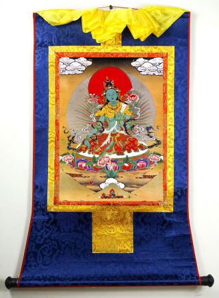 Tibet Buddhism Thangka - Printed Green Tara Buddha On Silk Brocade Wood Scroll S