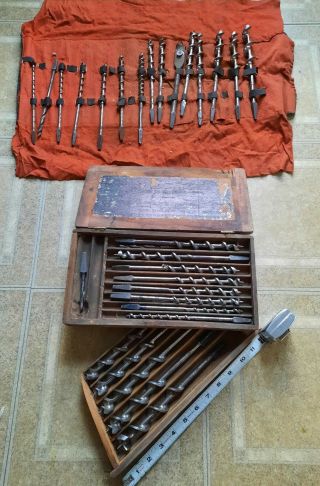 Vintage Irwin Auger Bits Set In Wood Storage Box,  Swing - Out Drawer & Roll Case