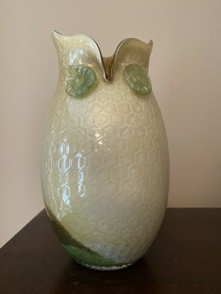 Vintage Murano Art Glass Owl Bird Vase 10.  5” Honeycomb Cream Green & Brown