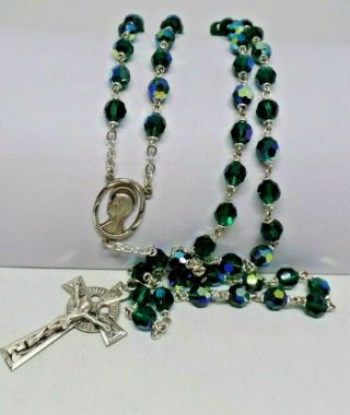 Chapel Sterling Green Aurora Borealis Crystal Beaded Vintage Irish Rosary