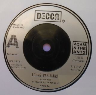 Adam & The Ants– Young Parisians.  Rare Silver Injection Label Pressing.  F 13803.  Ex