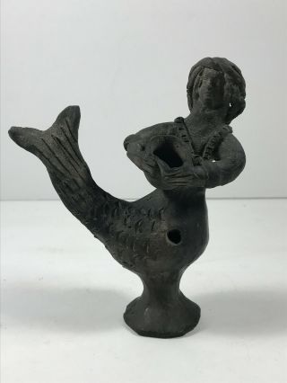 Vintage Vtg Mermaid Oaxaca Black Clay Barro Negro Pottery Whistle