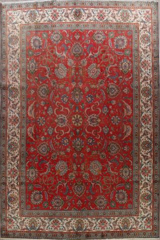 Vintage Red/ivory Floral Tebriz Area Rug 10x13 Hand - Knotted Wool Oriental Carpet