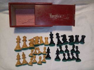 Vintage Hand Carved Wood Chess Set In Wood Slide Box