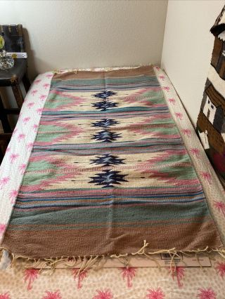 Vtg Native American Rug Wool Blanket Chimayo Mexico Hand Woven 55” X 29.  5”
