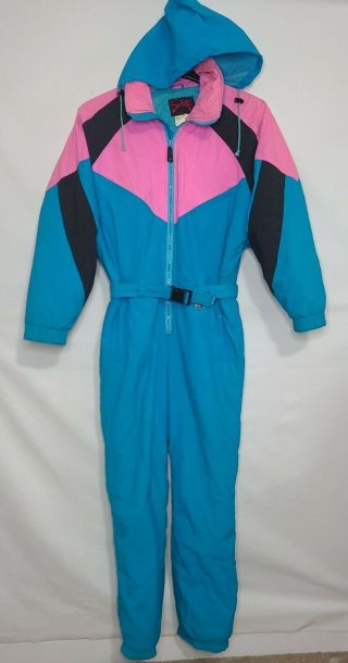 Vtg 80s Subello Sz 12 Pink Blue One Piece Ski Suit Bib Neon Retro Snowsuit