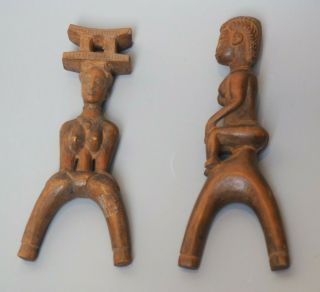 Two Good West African Tribal Art Carved Wooden Sling Shots Catapults Baule Stool