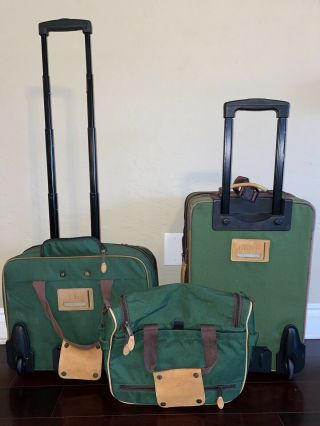VTG 3PC LL Bean Travel Luggage Green Rolling USA Men’s Canvas/Leather 2