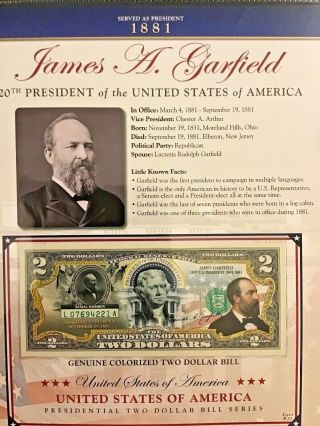James A.  Garfield 20th U.  S.  President Colorized $2 Bill Us Legal