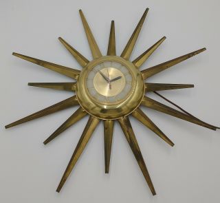 Mid Century Vintage United Clock Corp Brass Metal Sunburst Wall Mounted Clock