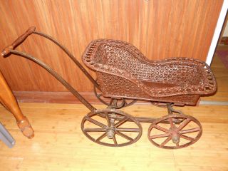 Vintage Baby Doll Carriage Wicker Wood Victorian Brown Stroller Pram