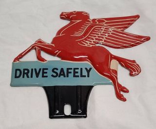 Vintage Mobil Pegasus License Plate Topper Drive Safely 6 1/2 " X 5 1/4 "