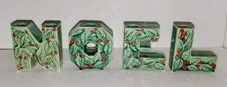 Vintage Lipper & Mann Japan Ceramic Noel Candle Holders Set Green Holly Berries