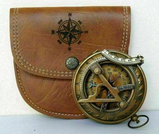 Nautical Antique Brass Marine Stanley London Pocket Sundial Compass With Case