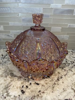 Vintage Fenton Pink Daisy & Button Art Glass Ice Bucket Covered Candy Dish Euc