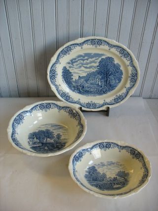 Vtg 3 Pc Grindley England Scenes After Constable Blue White Transferware Pottery