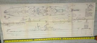 Vintage Ships Plan Uss Ohio Bb68 Warship Drawing By E.  Wiswesser 37 " X14 "