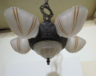 Art Deco Style Slip Shade 5 Arm Light Chandelier Ceiling Fixture By Electrolier