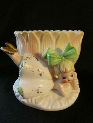 Vintage Inarco Japan Figurine Head Vase - Girl With Green Bow