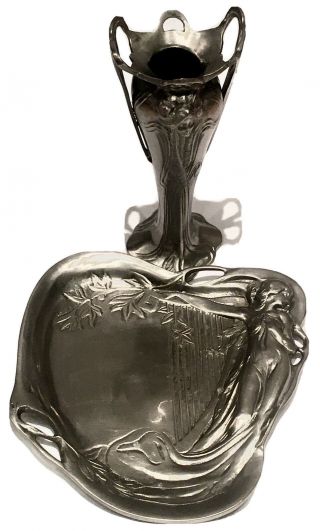 Wmf Silver Plated Art Nouveau Jugendstil Vase & Lady Harp Tray 1930 ?