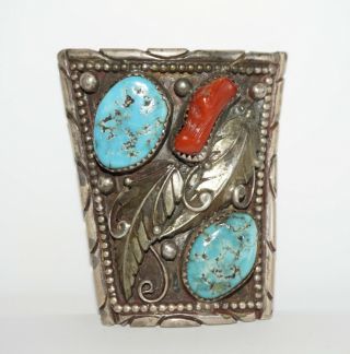Vintage Navajo Bolo Tie Signed Jb Thunderbird Sterling Silver Turquoise Coral