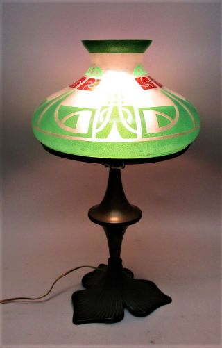 Fine Bradley & Hubbard Reverse - Painted Lamp W/ Clover Base C.  1915 Art Nouveau