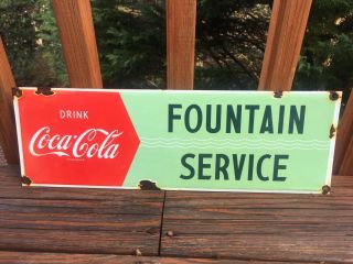 Vintage Coca Cola Fountain Service Porcelain Sign 16”x5.  5”