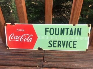 Vintage Coca Cola Fountain Service Porcelain Sign 16”x5.  5” 2