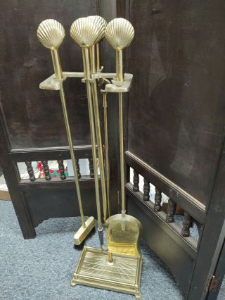 Vintage Brass Clam Shell Handle Fireplace Tool Set With Stand