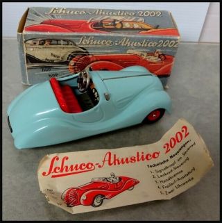 Vintage Blue Schuco Akustico 2002 Wind Up Toy Car & Box Germany Us Zone