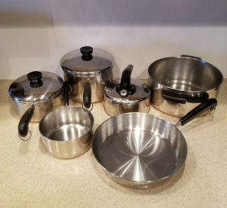 1801 Revere Ware Copper Stainless Steel 8 Pc Cookware Set Clinton Vintage Usa