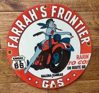 Vintage Farrah’s Frontier Gasonline Route 66 Heavy Porcelain Gas & Oil Sign 12”