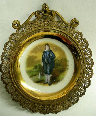 Antique Porcelain Vanity Dish Tray " Blue Boy " Art Nouveau Brass Lattice Filigree