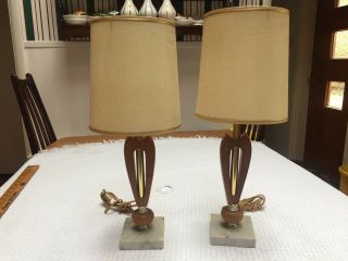 Vintage Mid Century Modern Lamps Marble Wood Base With Shades 18 " Tall