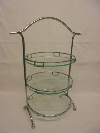 Art Deco Chrome Etched Glass Bird Design Three Tier Cake Stand Vintage Large