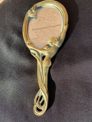 Vintage Brass Art Deco Handheld Vanity Mirror Lady Decorative Art Nouveau