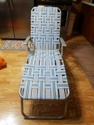 Vintage Aluminum Folding Chaise Lounge Lawn Chair Webbed Aluminum Arms