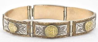 Vintage Sterling Silver & Gold Plate Mexico City Ladies Aztec Style Bracelet