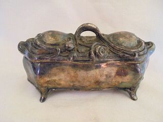 Antique Art Nouveau Silverplate Metal Jewelry Casket Dresser Trinket Box
