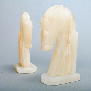 Antique Mid - Century Modern Carved White Marble Horse Head Bookends Pair 8.  75 "