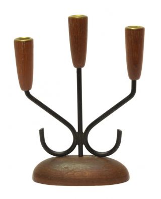 Vintage Mid Century Modern Danish Teak Wood And Metal Candelabra Candle Holder