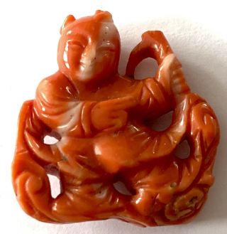 Vintage Carved Laughing Buddha Pendant Red Burnt Orange Color Marble Coral?